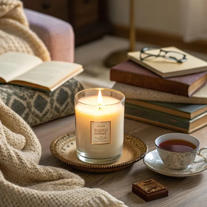 Candle, books, and a cup of tea