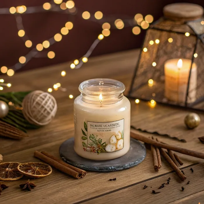 Candle surrounded by festive decorations and spices