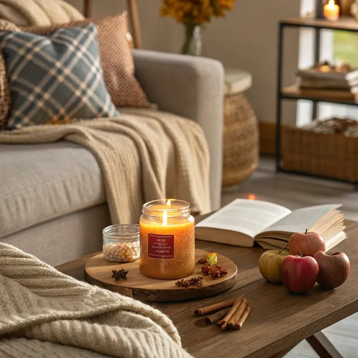 Candle with apples, cinnamon sticks, and a book
