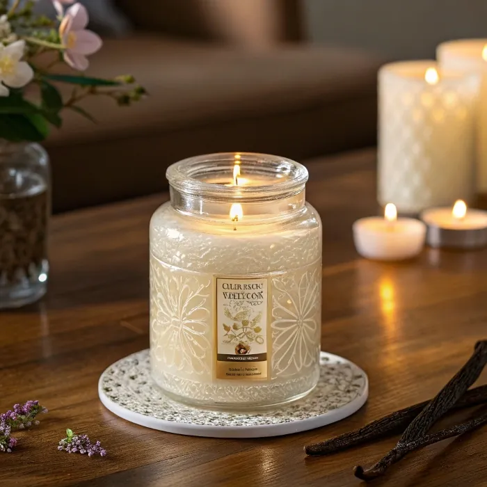 Candles with natural elements on a wooden table