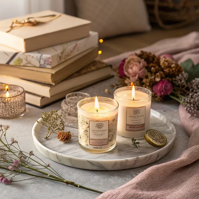 Two candles on a marble tray with dried flowers and books