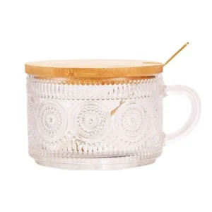 14oz Embossed Glass Cup with Bamboo Lid and Spoon