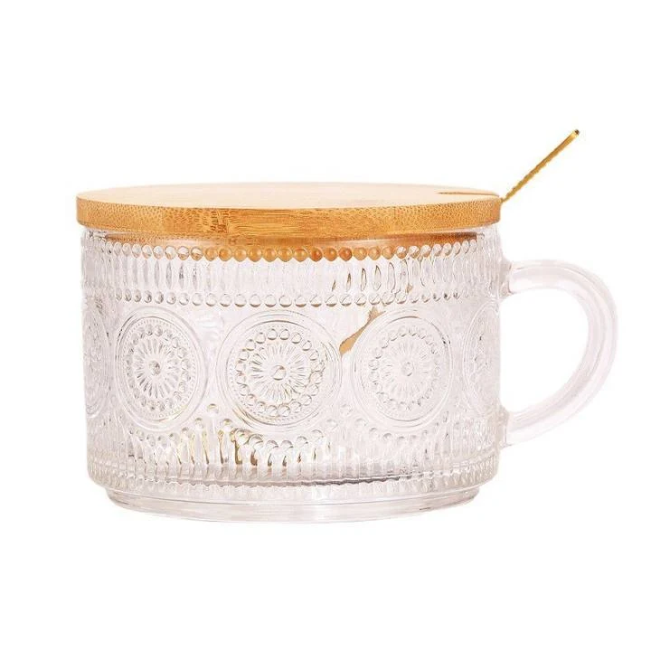 14Oz Embossed Glass Cup With Bamboo Lid And Spoon