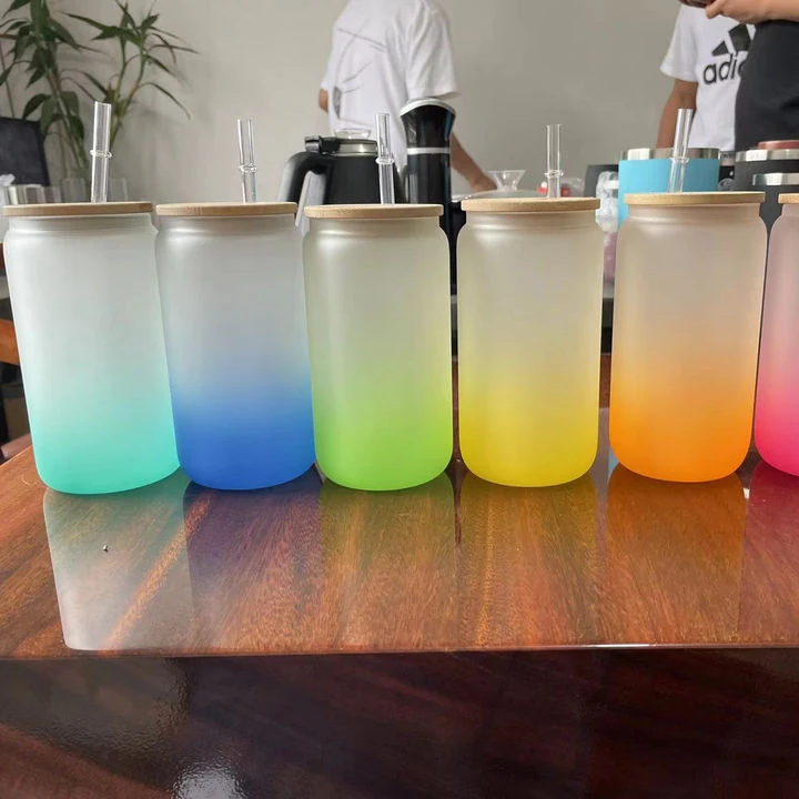 16Oz Frosted Gradient Glass Beer Can Cup With Straw