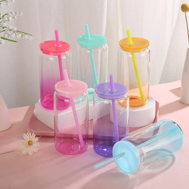 16Oz Gradient Color Borosilicate Glass Cup With Straw