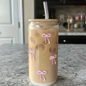 16oz Light Luxury Glass Cup with Straw and Bamboo Lid