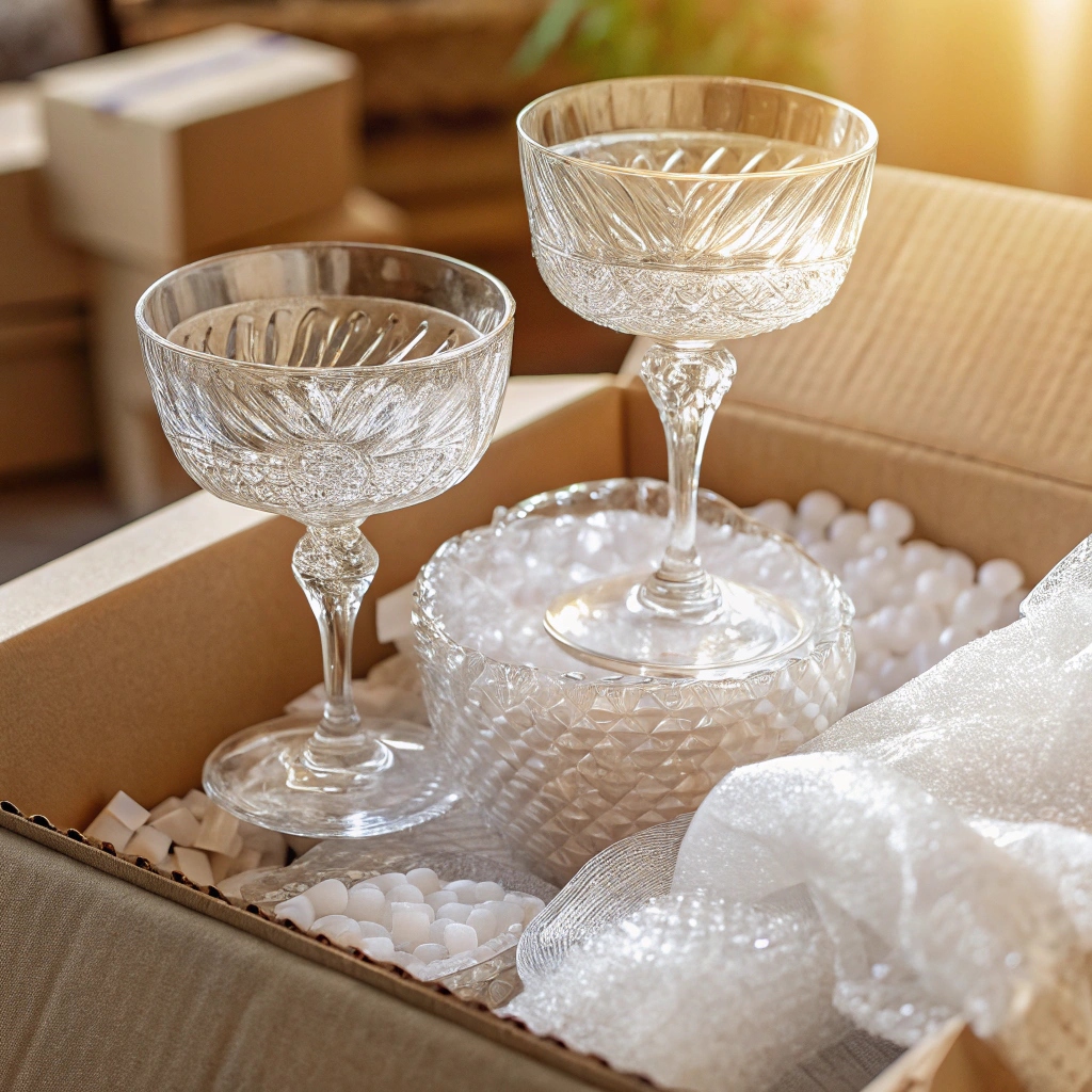 Delicate glassware packaging, elegant glass cups and bowls securely packed with bubble wrap in a cardboard box