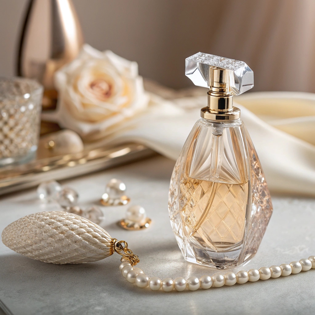 Luxury perfume bottle with pearls and rose