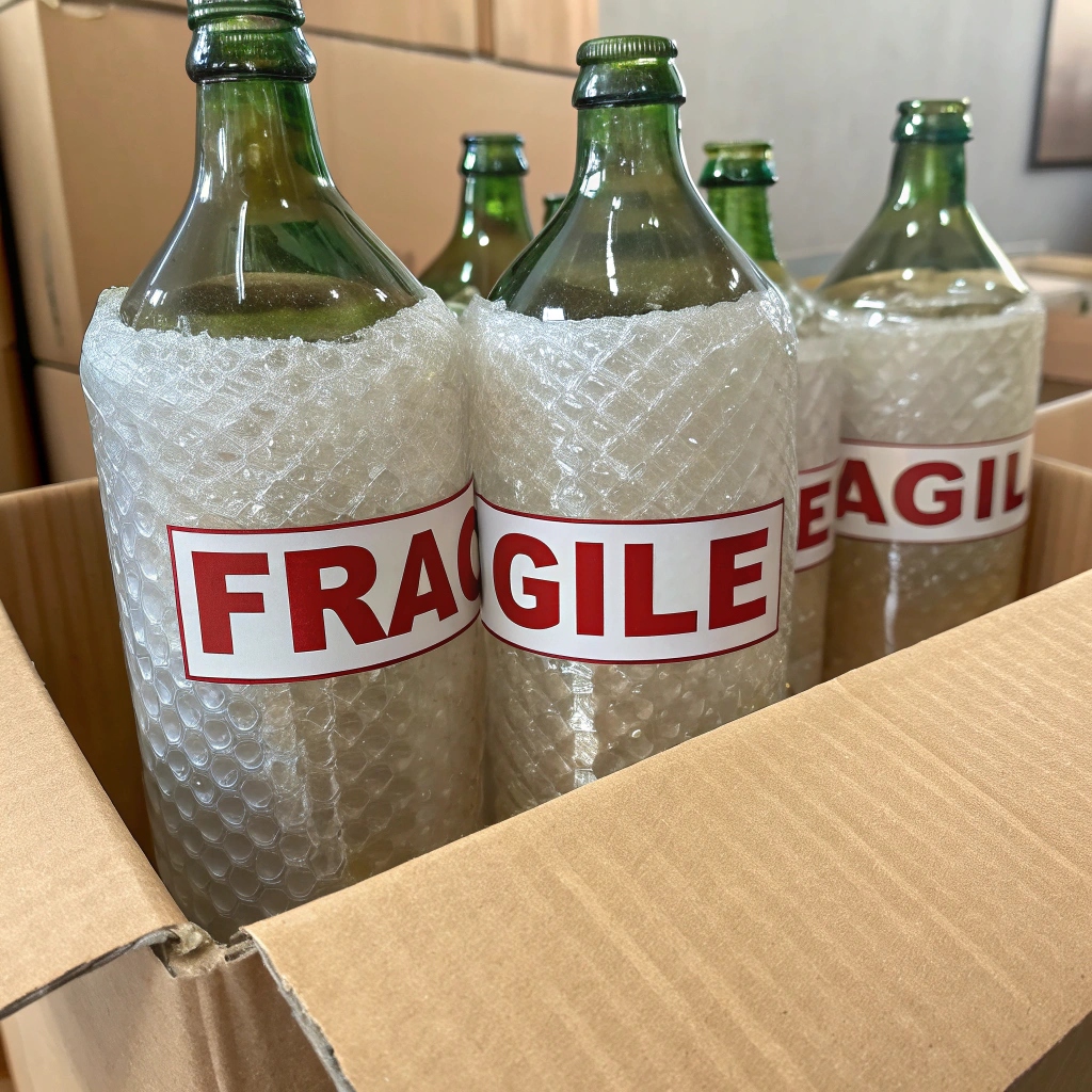 Fragile glass bottles, green glass bottles wrapped in bubble wrap with fragile labels inside a cardboard box