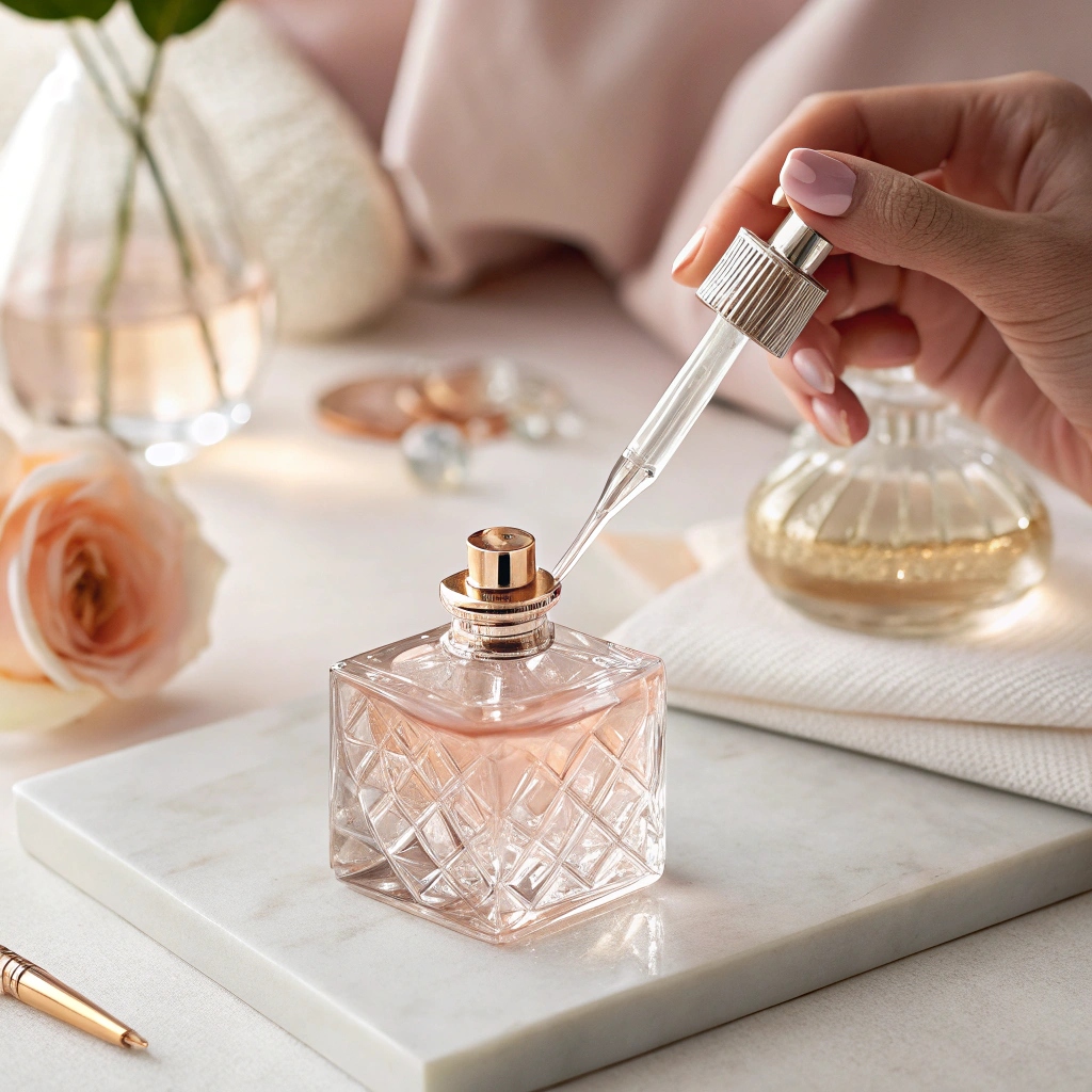 Applying fragrance to a glass perfume bottle