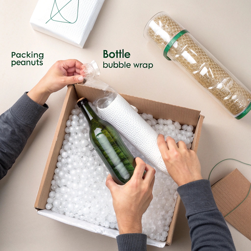 Packing a glass bottle, a green glass bottle being wrapped with bubble wrap inside a box filled with packing peanuts