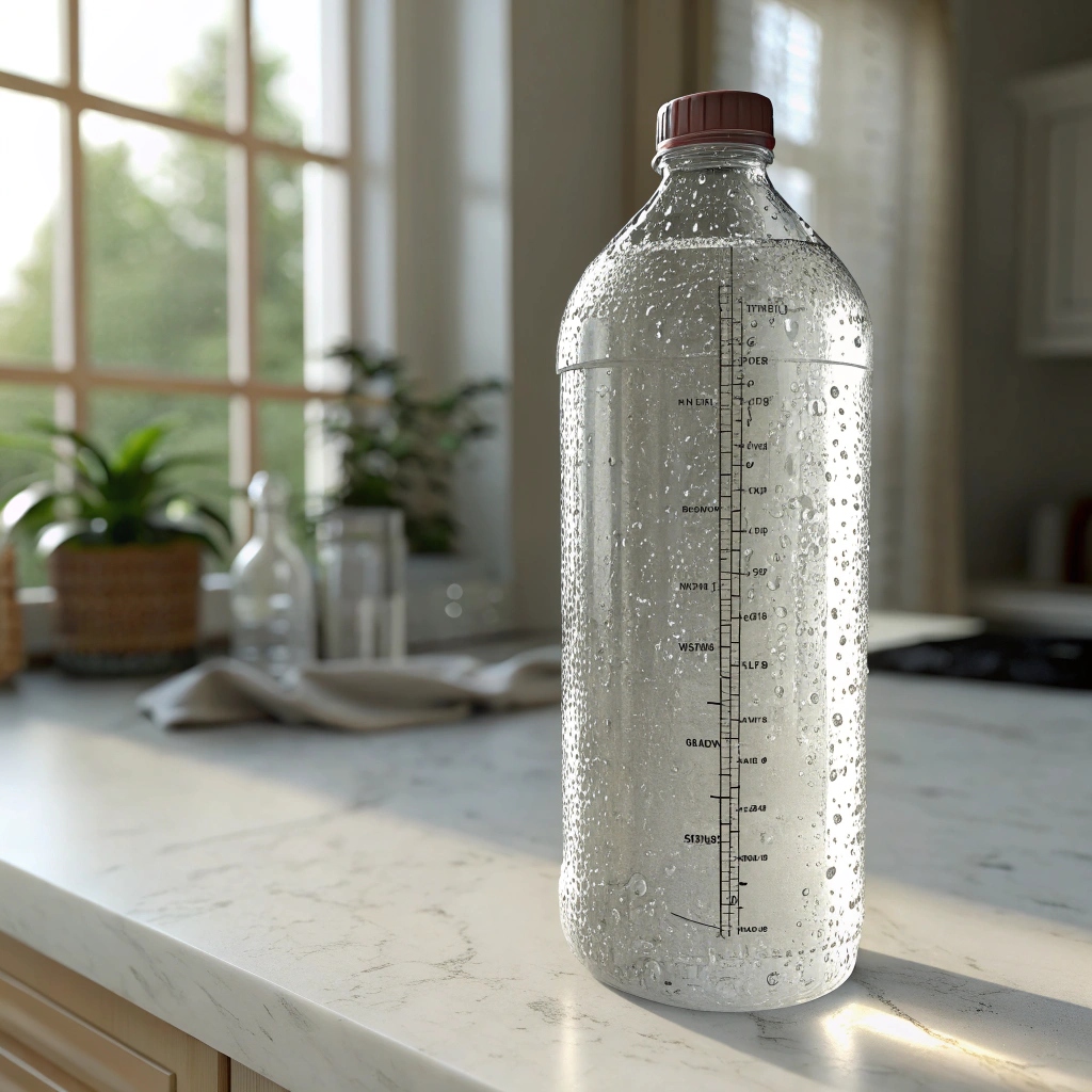 Transparent glass bottle with water droplets, a clear glass bottle filled with water, placed on a kitchen countertop, measuring scale visible