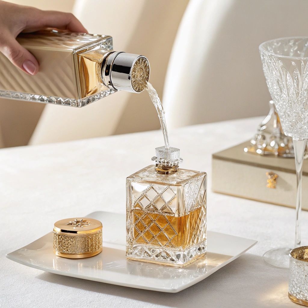 Pouring fragrance into a luxury glass perfume bottle