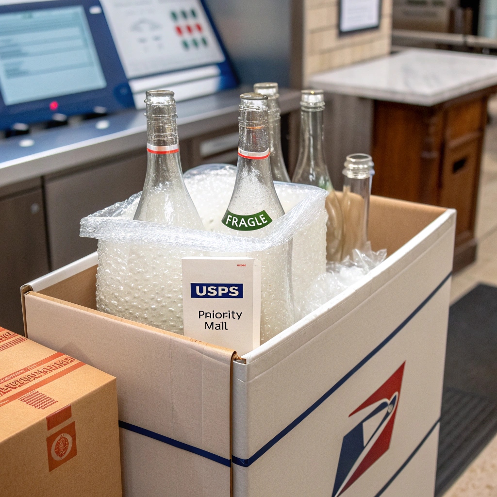 USPS Priority Mail packaging, glass bottles secured with bubble wrap inside a USPS shipping box at a postal office