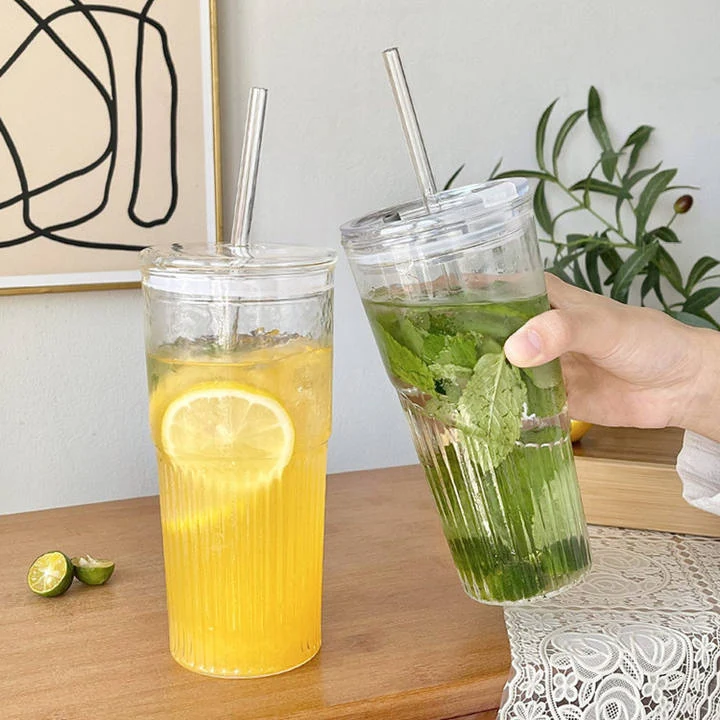 20Oz Wide Mouth Borosilicate Glass Cup With Lid Straw