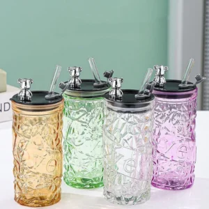 350ml Colorful Glass Cup with Bear Cap for Juice