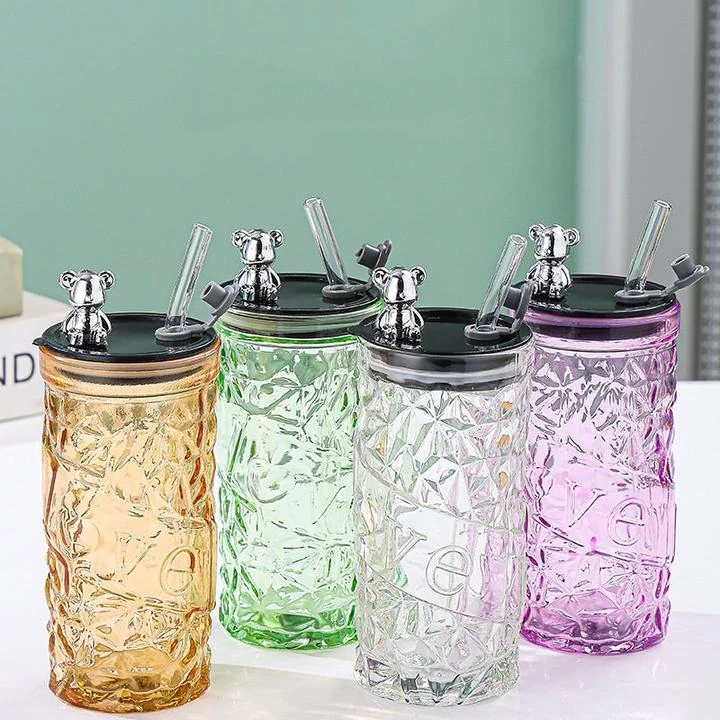 350Ml Colorful Glass Cup With Bear Cap For Juice