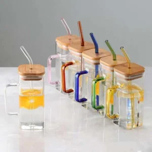 400ml Square Heat Resistant Glass Mug with Colored Handle