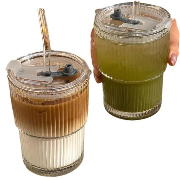 450Ml Stripe Glass Coffee Cup With Lid And Straw