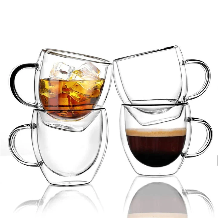 85Ml Double Wall Glass Cup With Handle Set