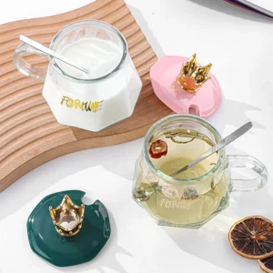 Crown Glass Coffee Cup with Handle and Lid – Transparent INS Style Mug