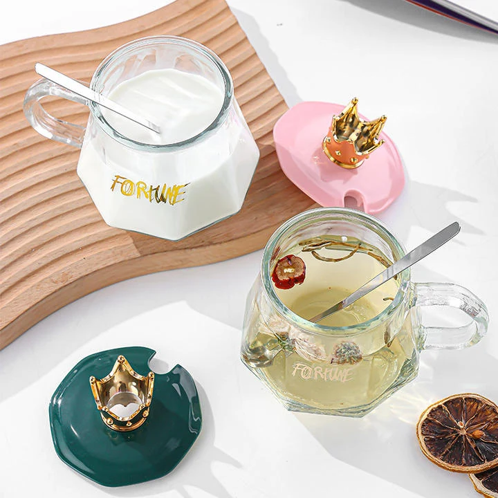 Crown Glass Coffee Cup with Handle and Lid – Transparent INS Style Mug