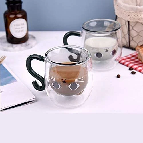 Cute Cat Double Wall Glass Mug High Borosilicate