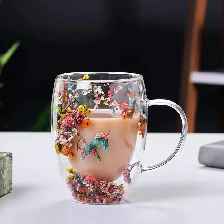 Dried Flowers Double Wall Glass Coffee Mug with Handle
