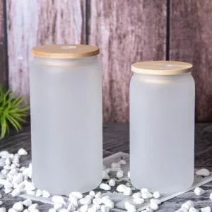 Frosted 16oz Glass Juice Cup with Bamboo Lid & Straw – Wholesale Coffee Mug