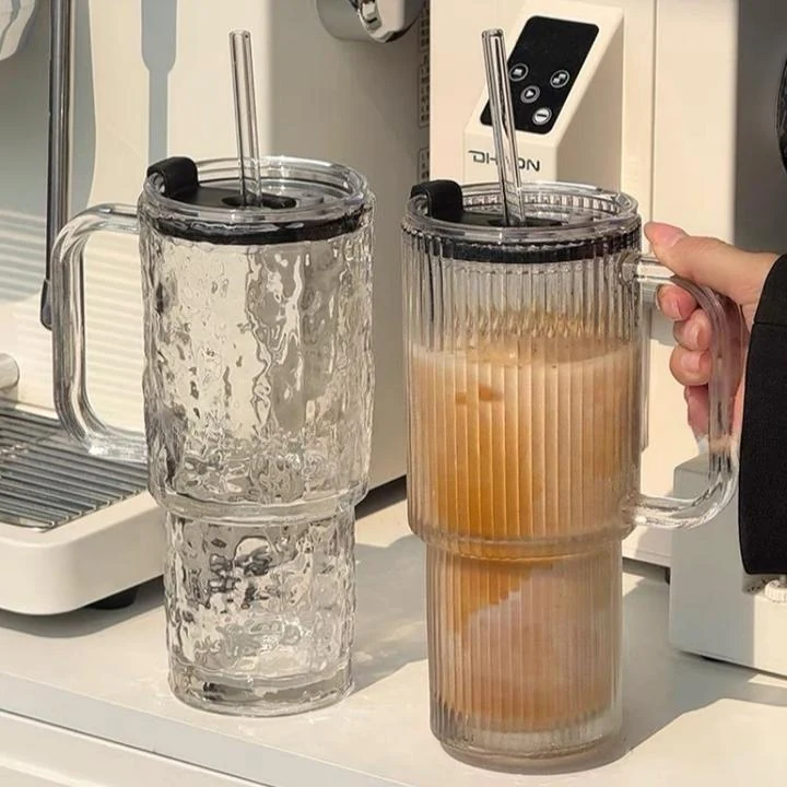 Glass Cup With Handle And Straw For Office And Party