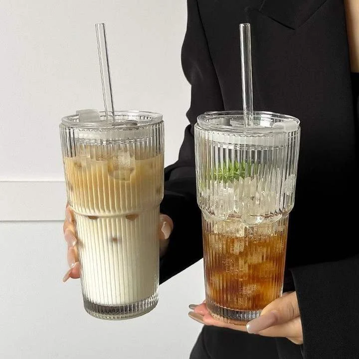Large Vertical Striped Glass Cup with Lid and Straw
