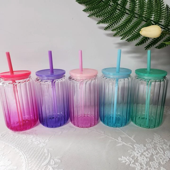Ombre Ribbed Glass Coffee Cup With Lid And Straw