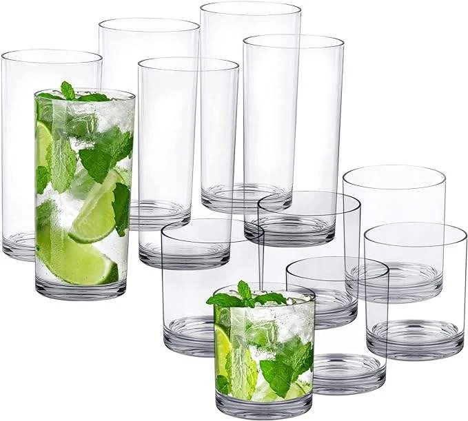 Reusable Plastic Tumbler Cups 12oz 16oz – Clear Stackable Beverage Glasses