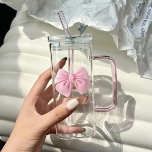 Square Glass Water Cup with Handle – Colorful Straw Tumbler for Juice ODM OEM