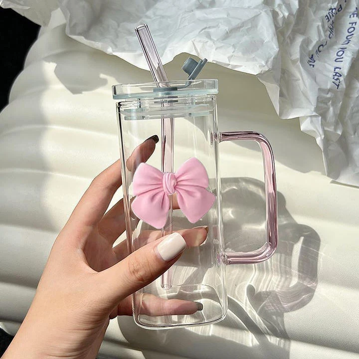 Square Glass Water Cup with Handle – Colorful Straw Tumbler for Juice ODM OEM