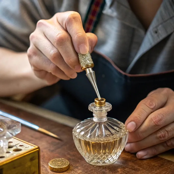 artisan refilling vintage perfume bottle