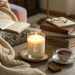 candle books and a cup of tea