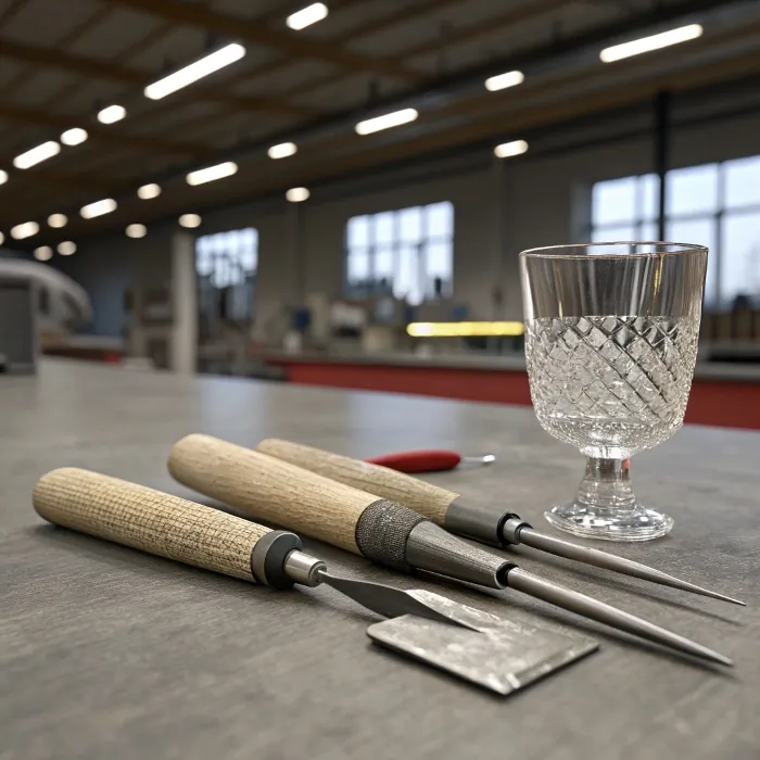 engraving tools beside crystal glass
