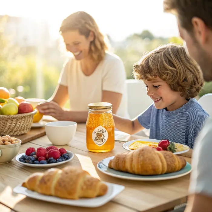 Family breakfast with honey jar on table, joyful morning
