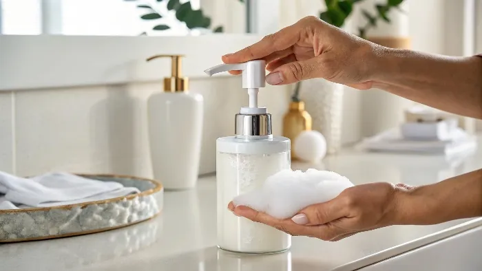 Foaming soap dispenser on bathroom counter