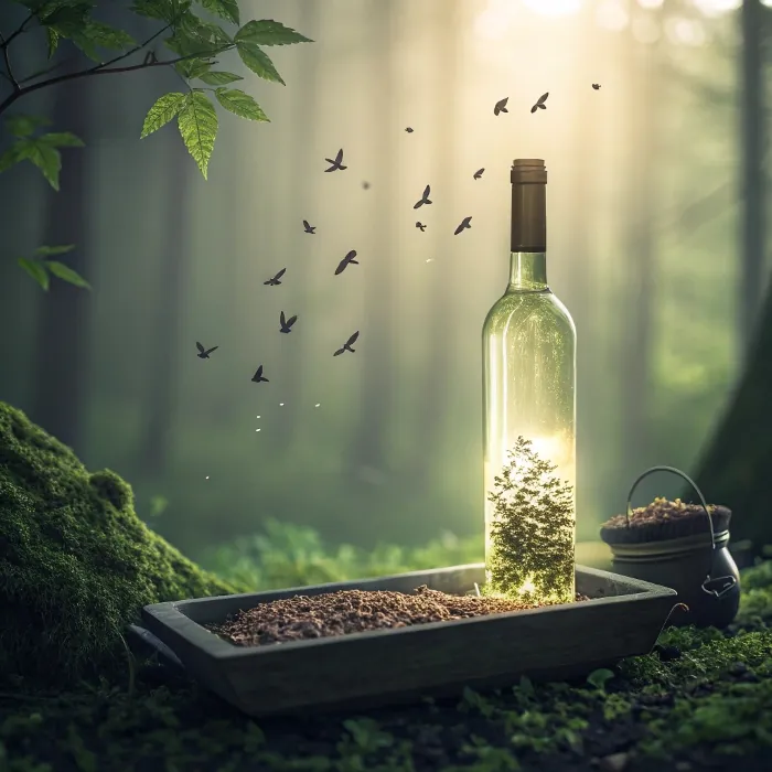 Glass bottle glowing with forest tree inside