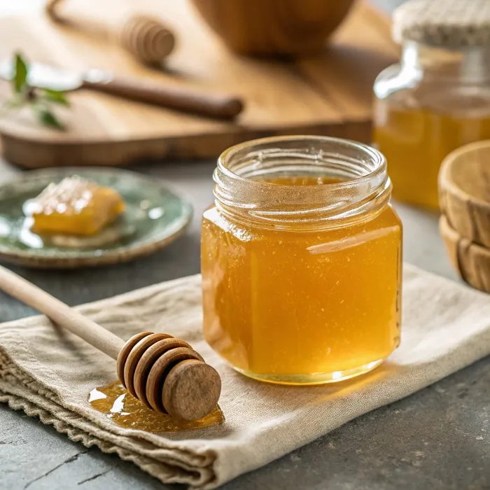 Golden honey in hexagonal jar with dipper beside
