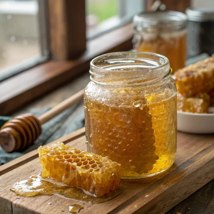 Honeycomb in glass jar on wooden table, fresh and natural