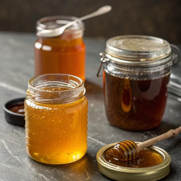 Various jars of honey on kitchen counter, different shades