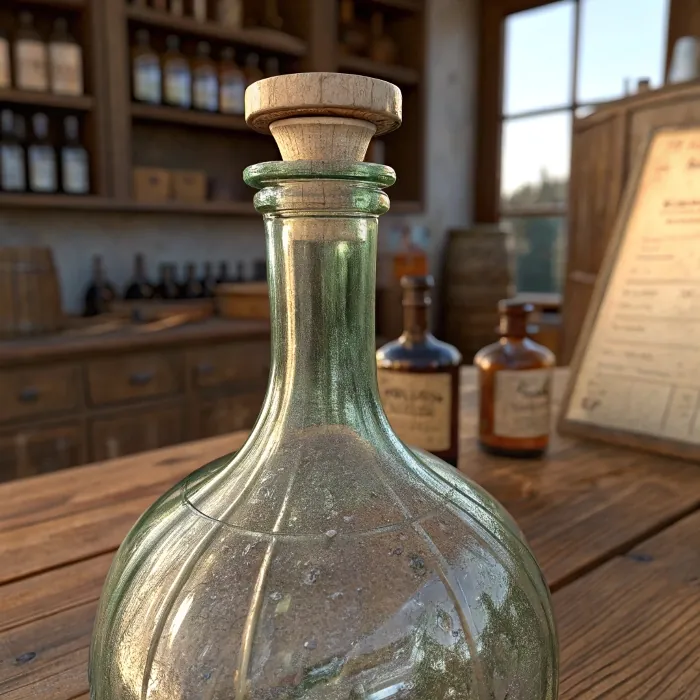 Vintage green glass bottle with wooden stopper on counter